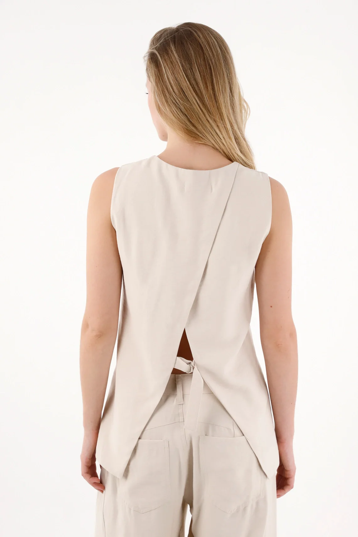 Long Vest with Front Neckline in Off-White for Women - Image 3