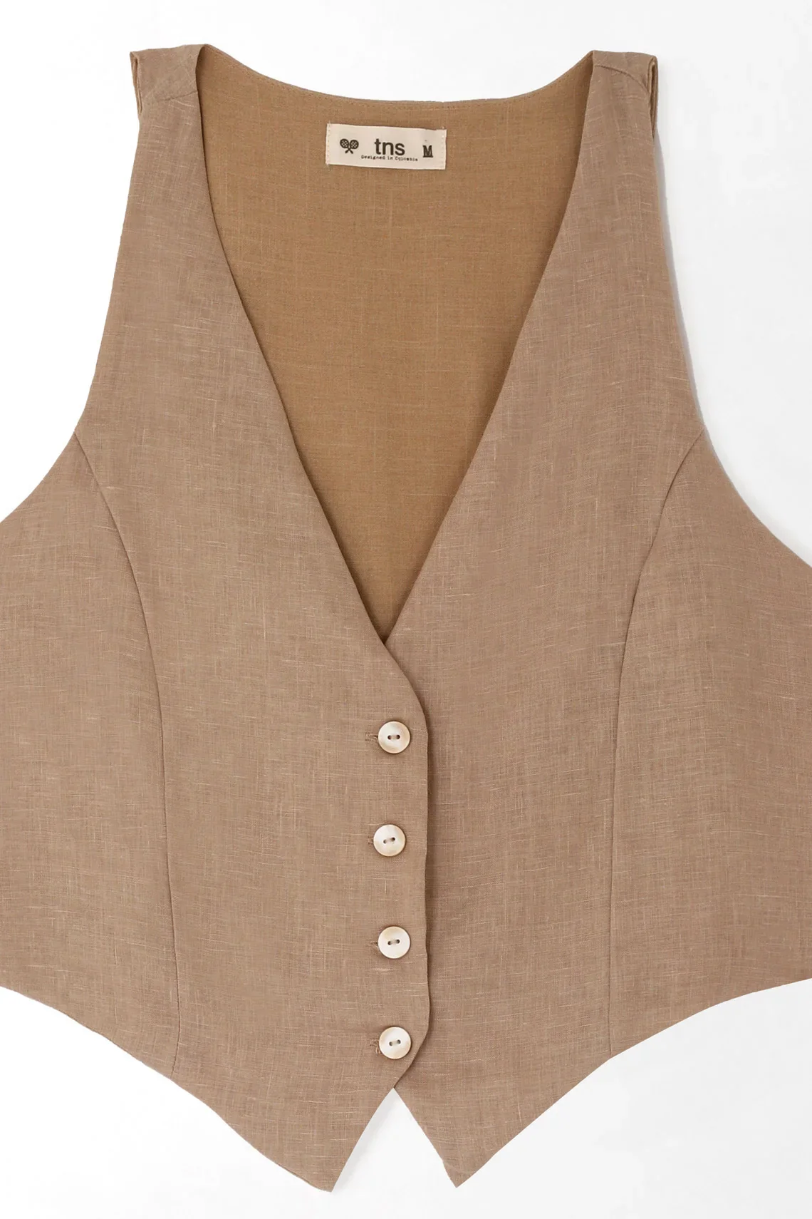 Sand Fitted Linen Vest for Women with Double Peak Hem - Image 6