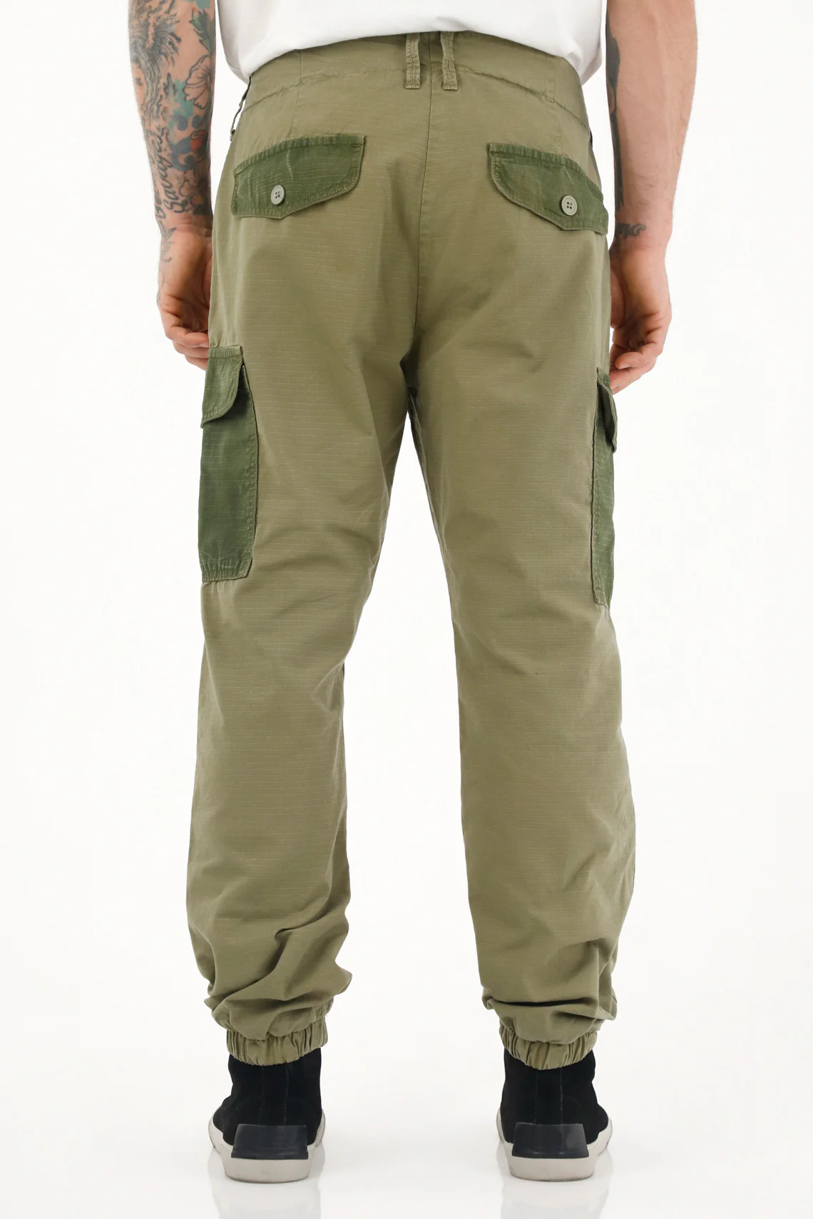 Men's green patchwork pants with cuffed hems - Image 4