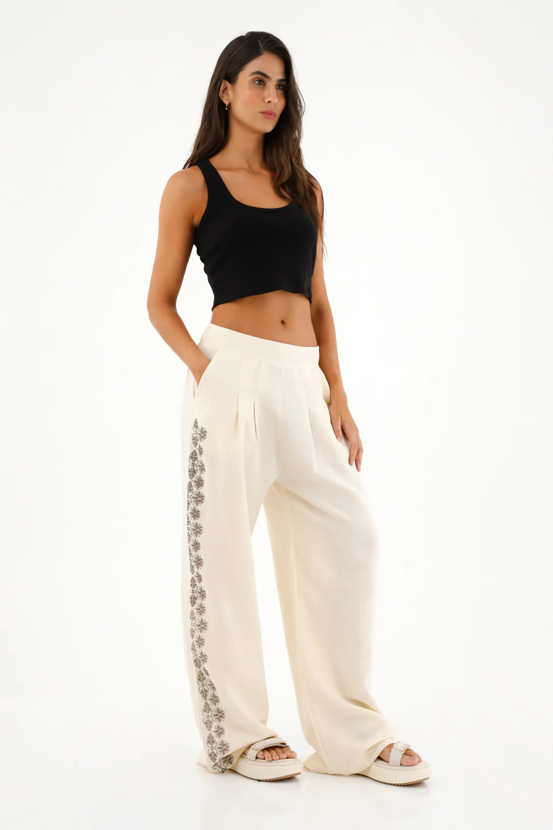 Women's Cream Straight Leg Pants with Print - Image 2