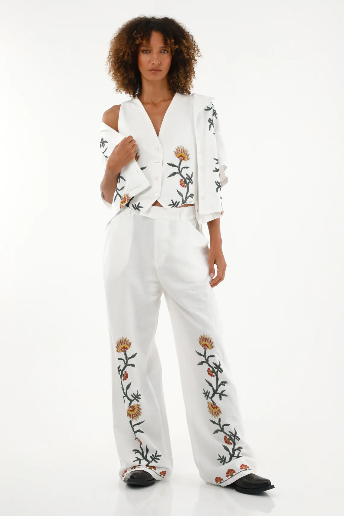 Mid-Rise Straight Pants with Embroidery for Women