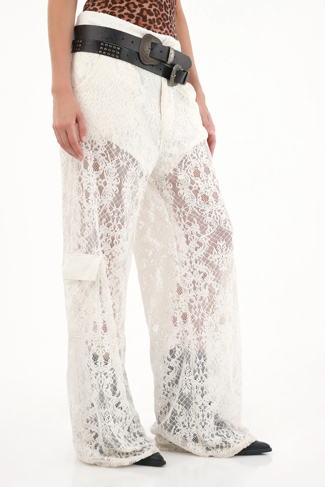 Women's Cream Wide Leg Lace Pants - Image 2