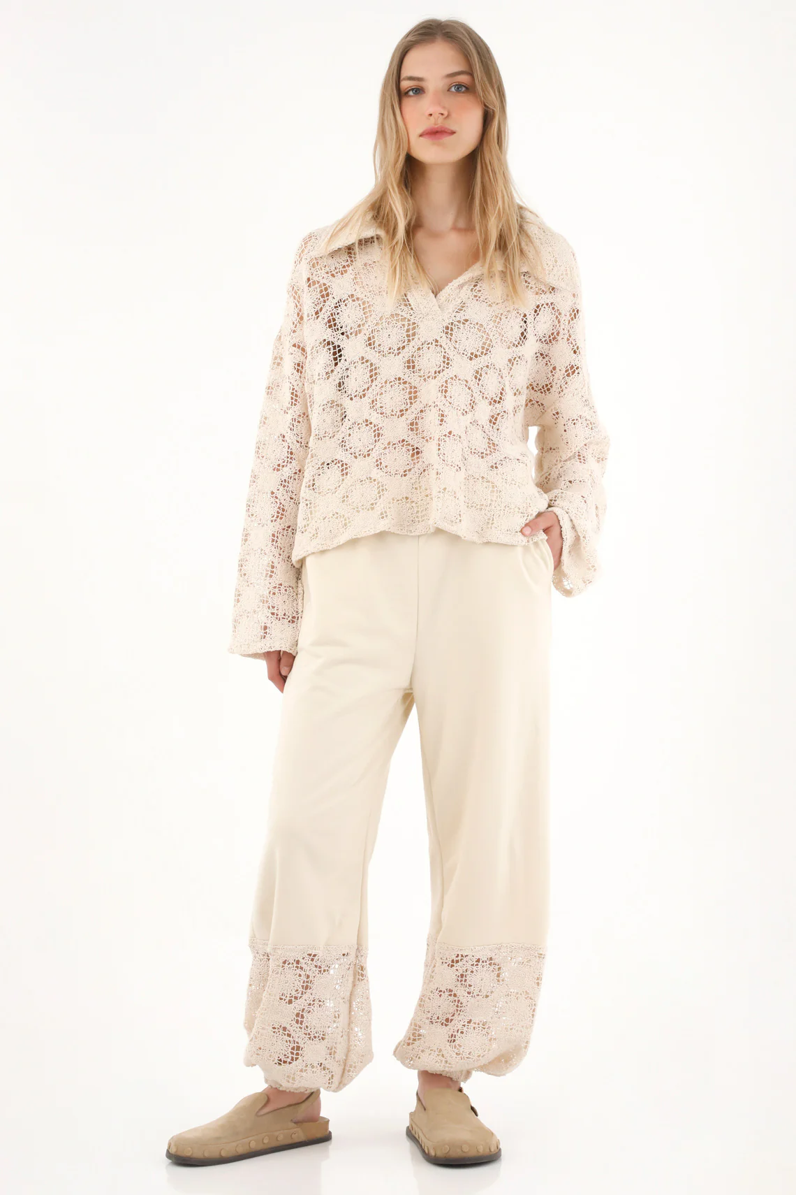 Cream Cargo Pants with Elastic Cuff for Women