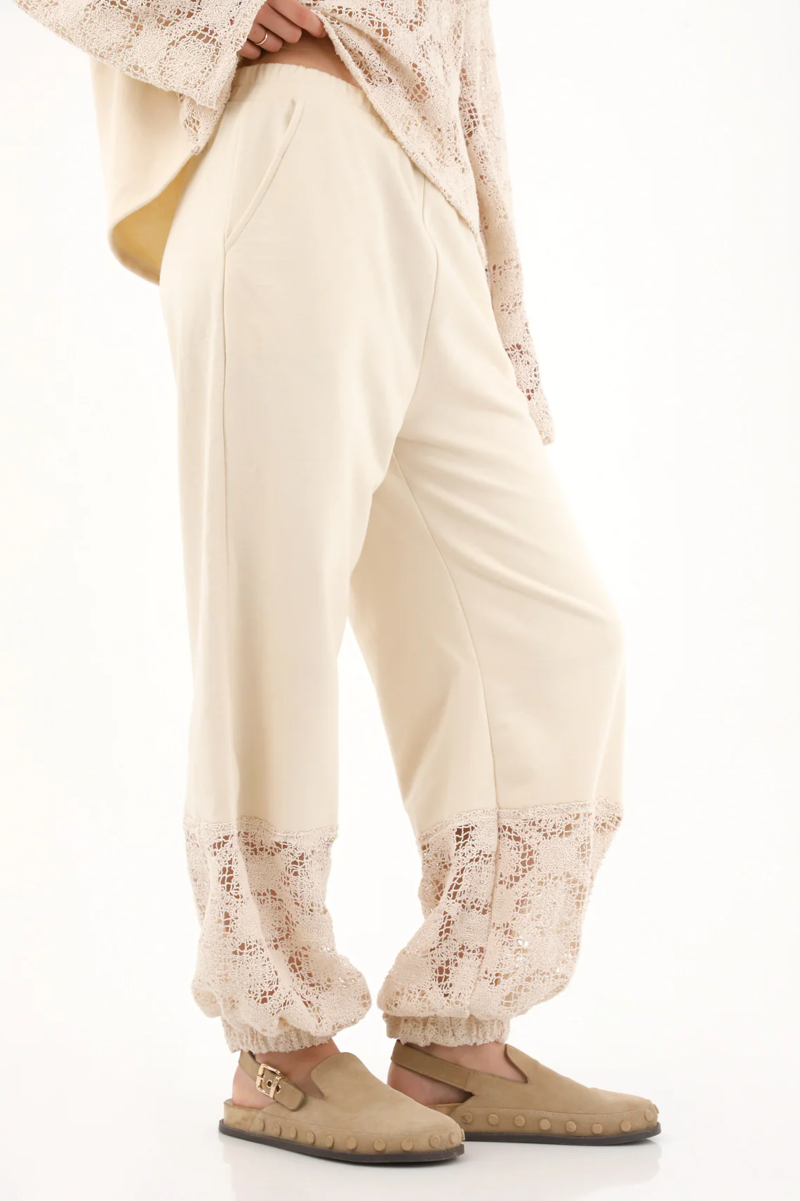 Cream Cargo Pants with Elastic Cuff for Women - Image 2