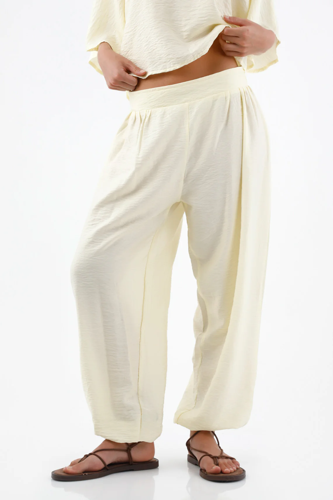Ivory Viscose Relaxed Fit Pants with Crinkle Texture for Women