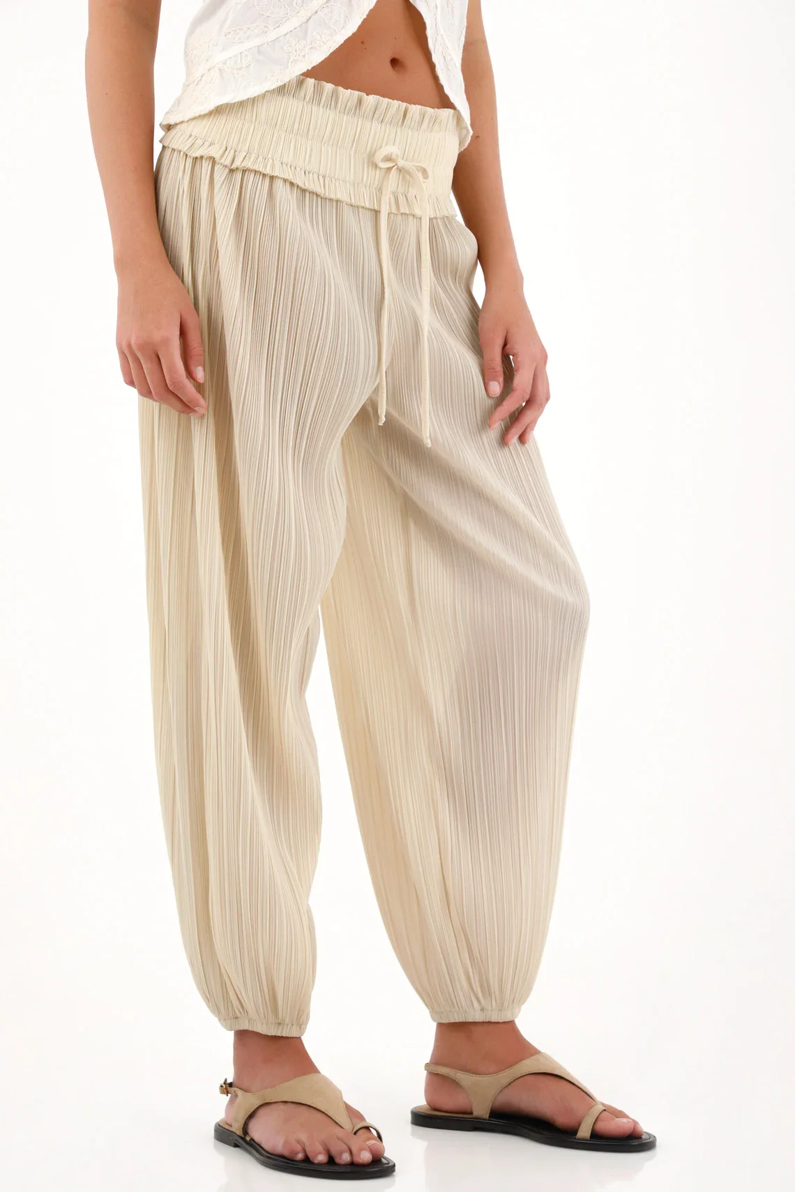 Cream Pleated Texture Jogger Pants for Women - Image 2