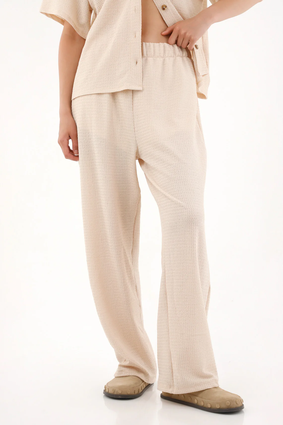 Women's Cream Straight Leg Pants in Knit Fabric