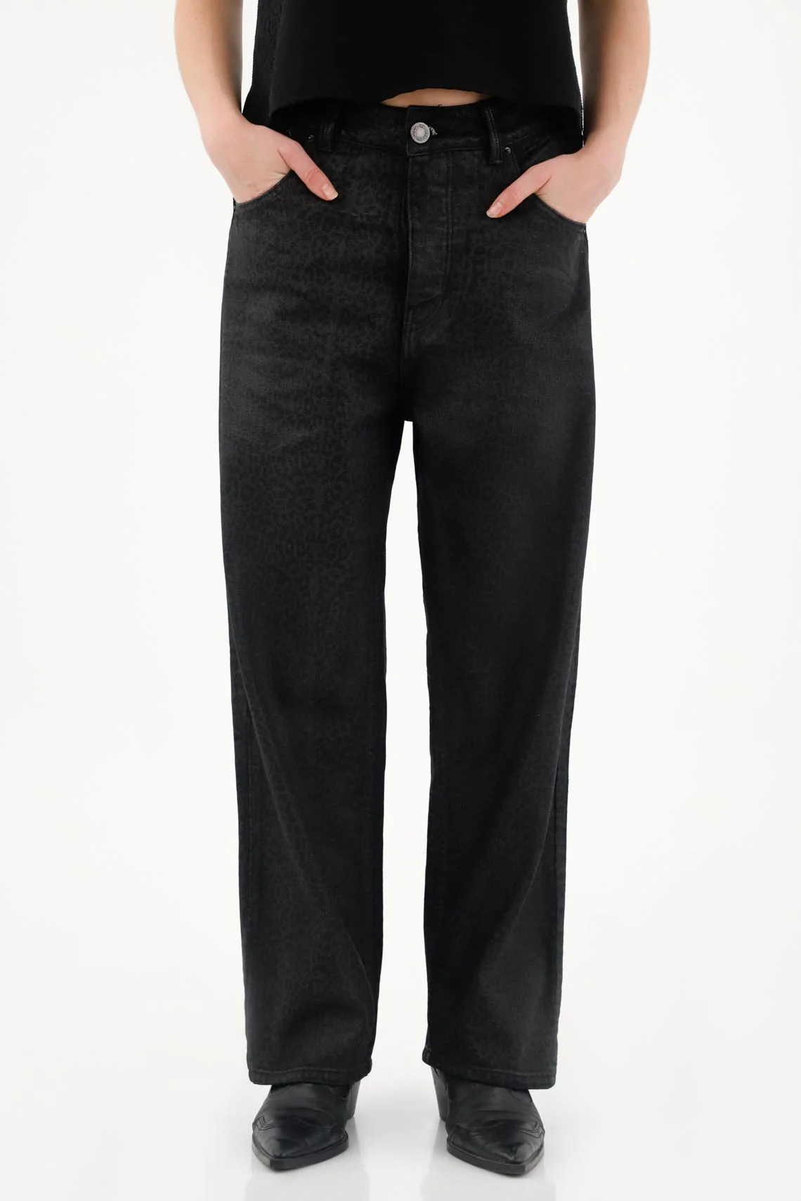 Black Animal Print Resin Effect Pants for Women