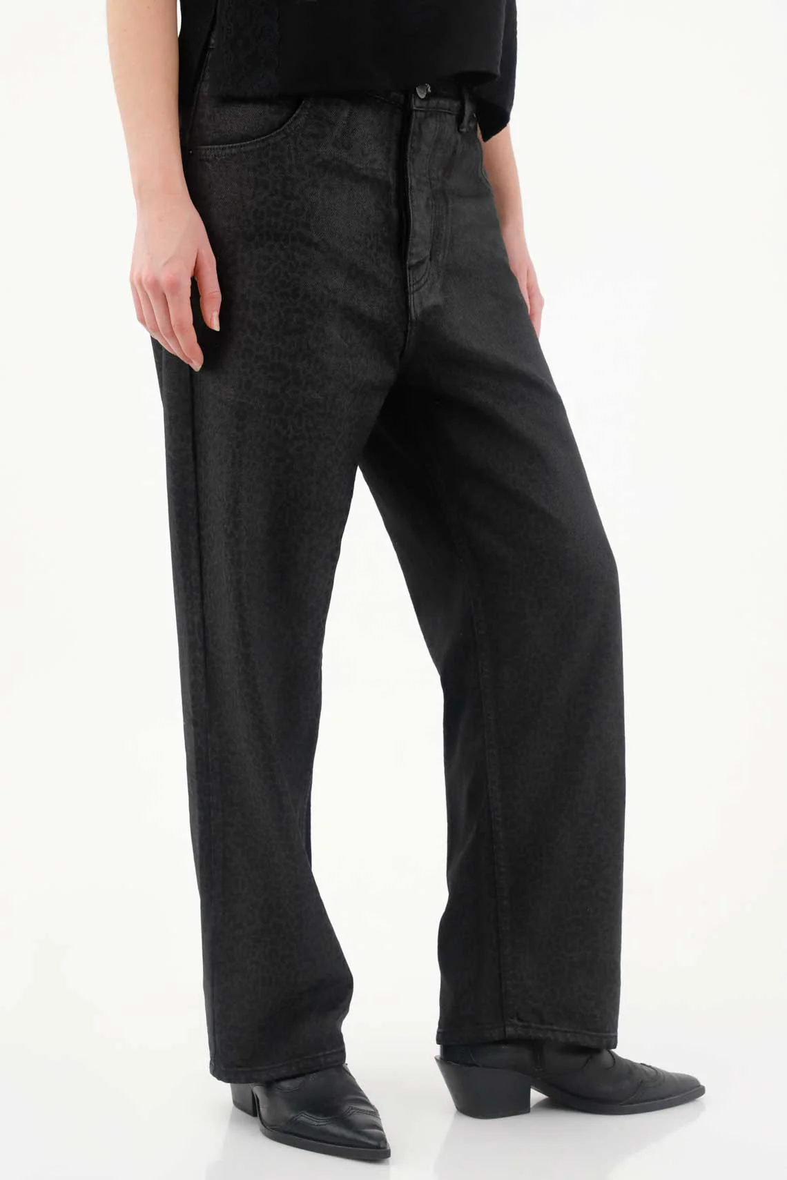 Black Animal Print Resin Effect Pants for Women - Image 2
