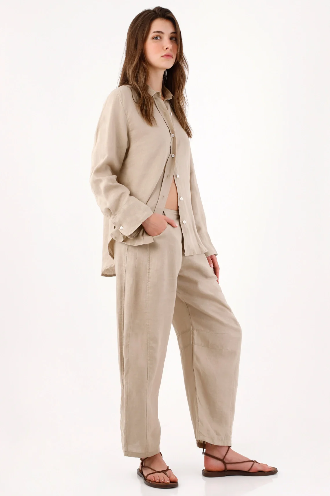 Wide Leg Pants for Women in Beige Linen with Relaxed Fit and Cropped Length - Image 2