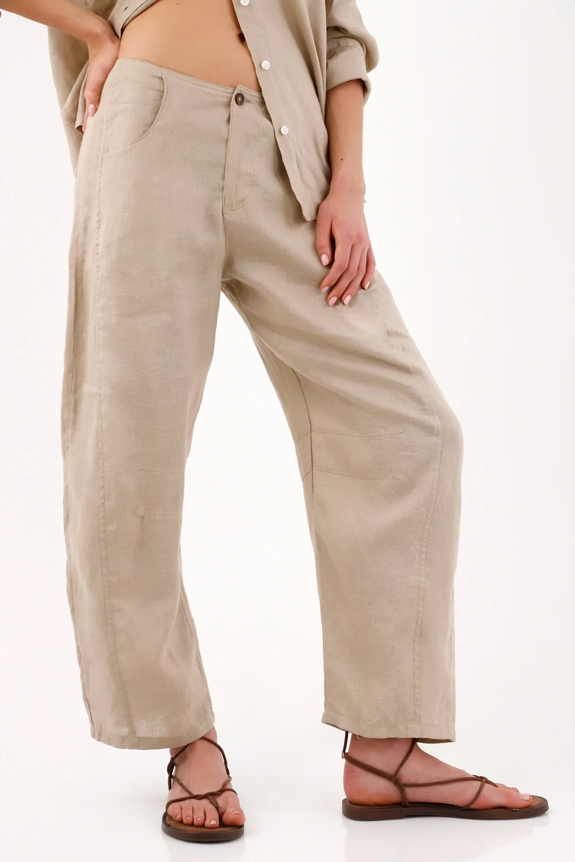 Wide Leg Pants for Women in Beige Linen with Relaxed Fit and Cropped Length - Image 3