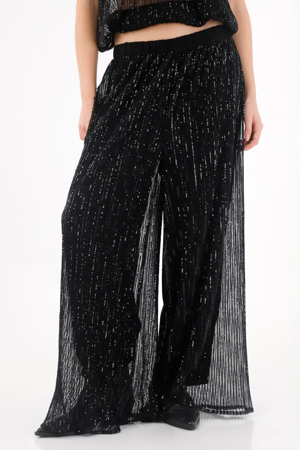 Black Sequined Wide Leg Pants for Women