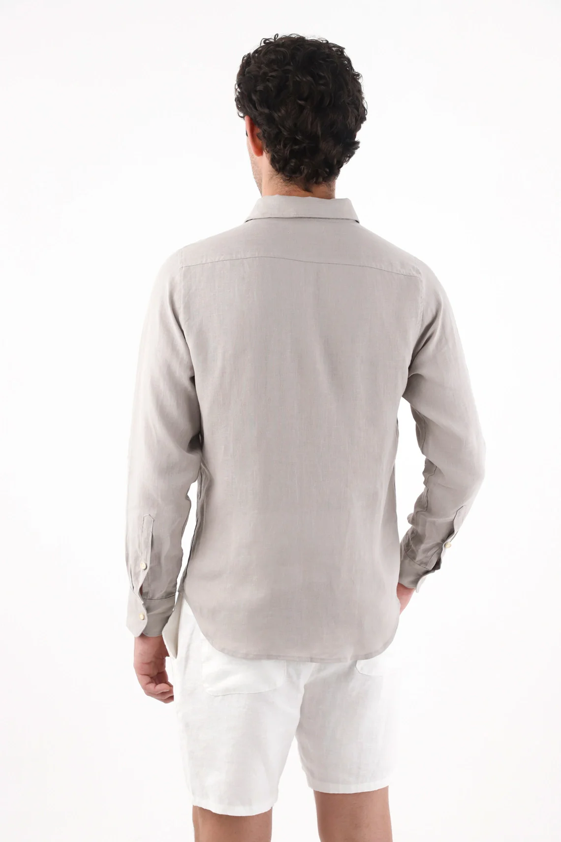 Straight Cut Shirt with Cream Buttons in Light Gray Linen for Men - Image 4