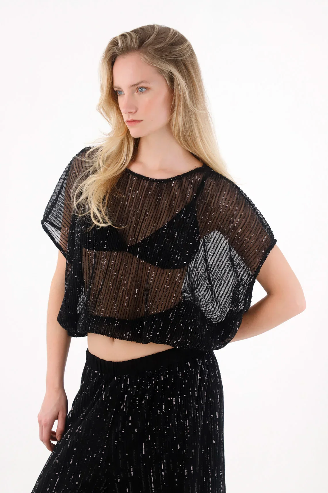 Sequined Black See-Through Shirt for Women