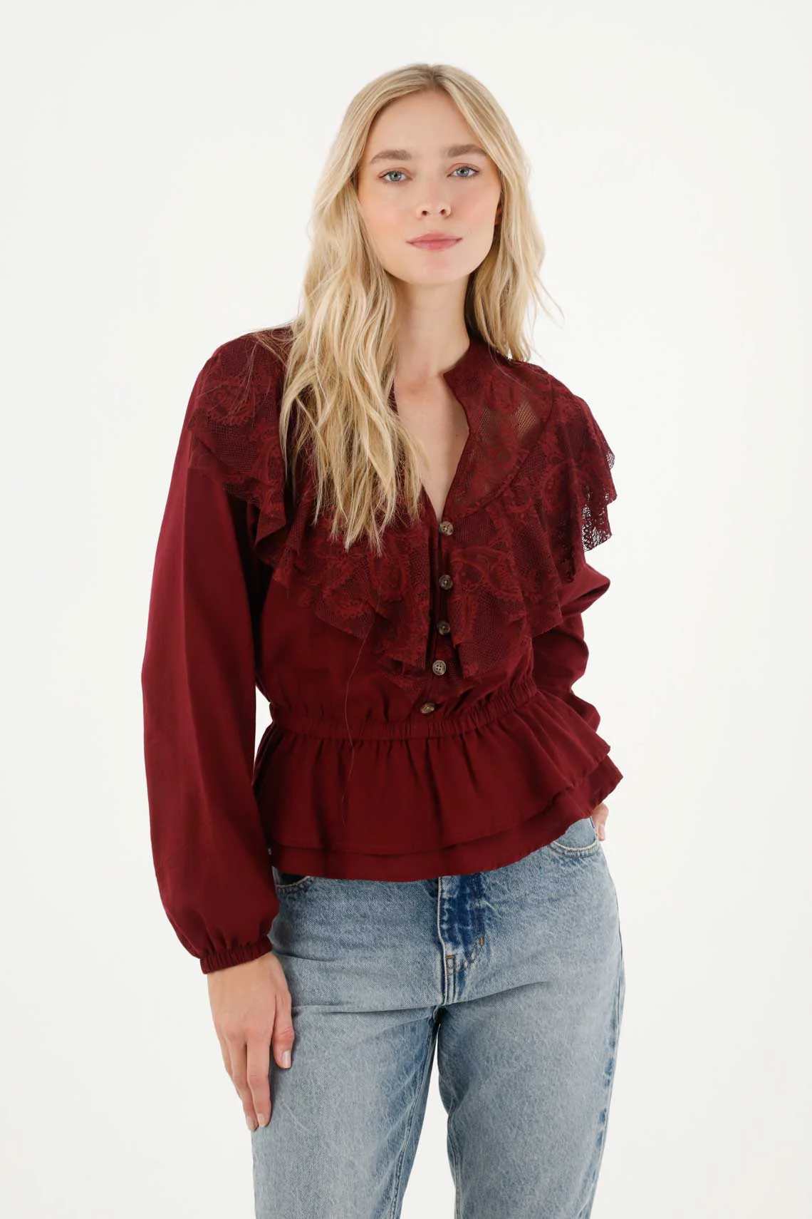 Shirt with Lace in Front Red for Women - Image 2
