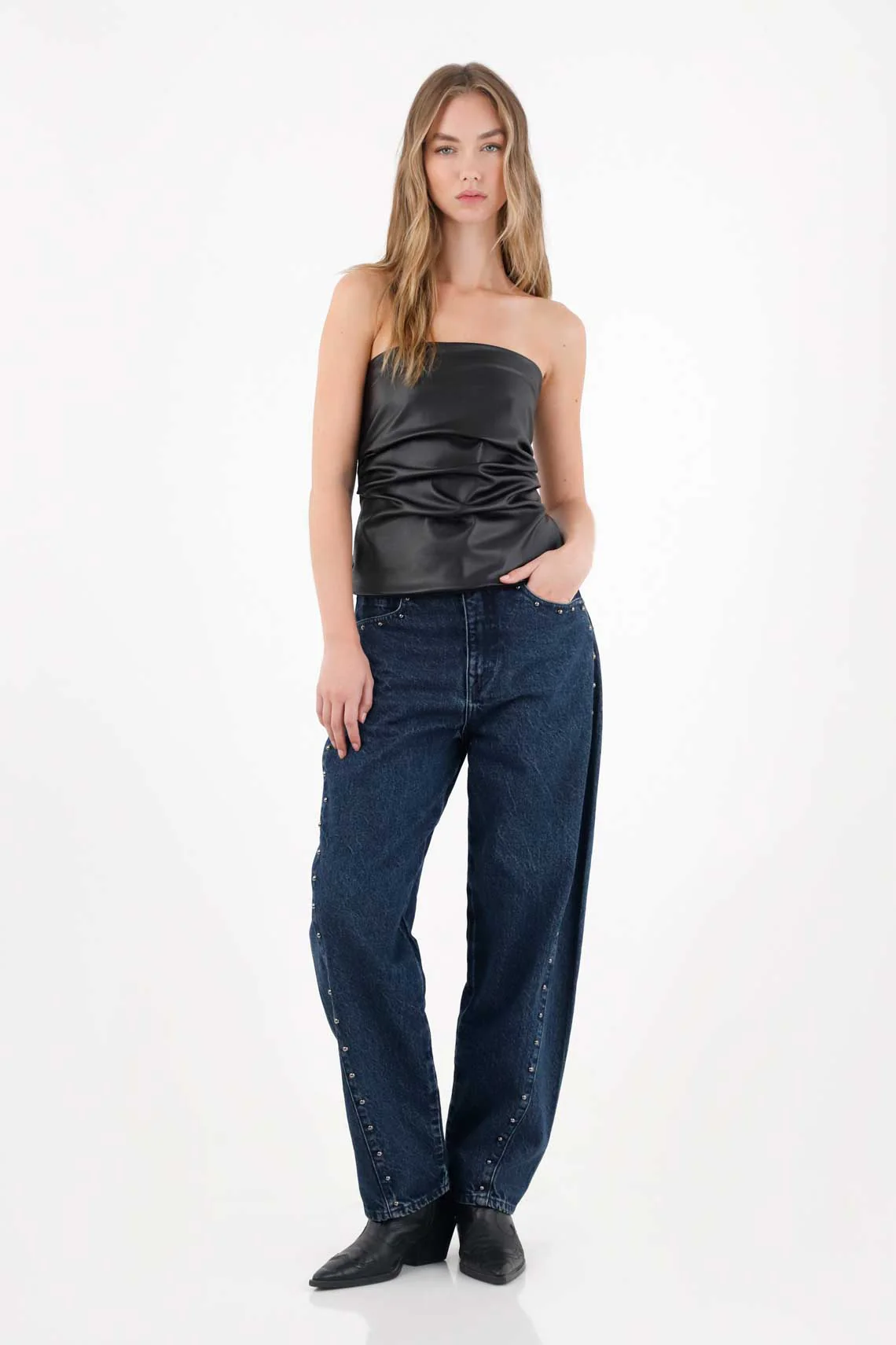 Strapless Shirt in Black Synthetic Leather for Women - Image 2