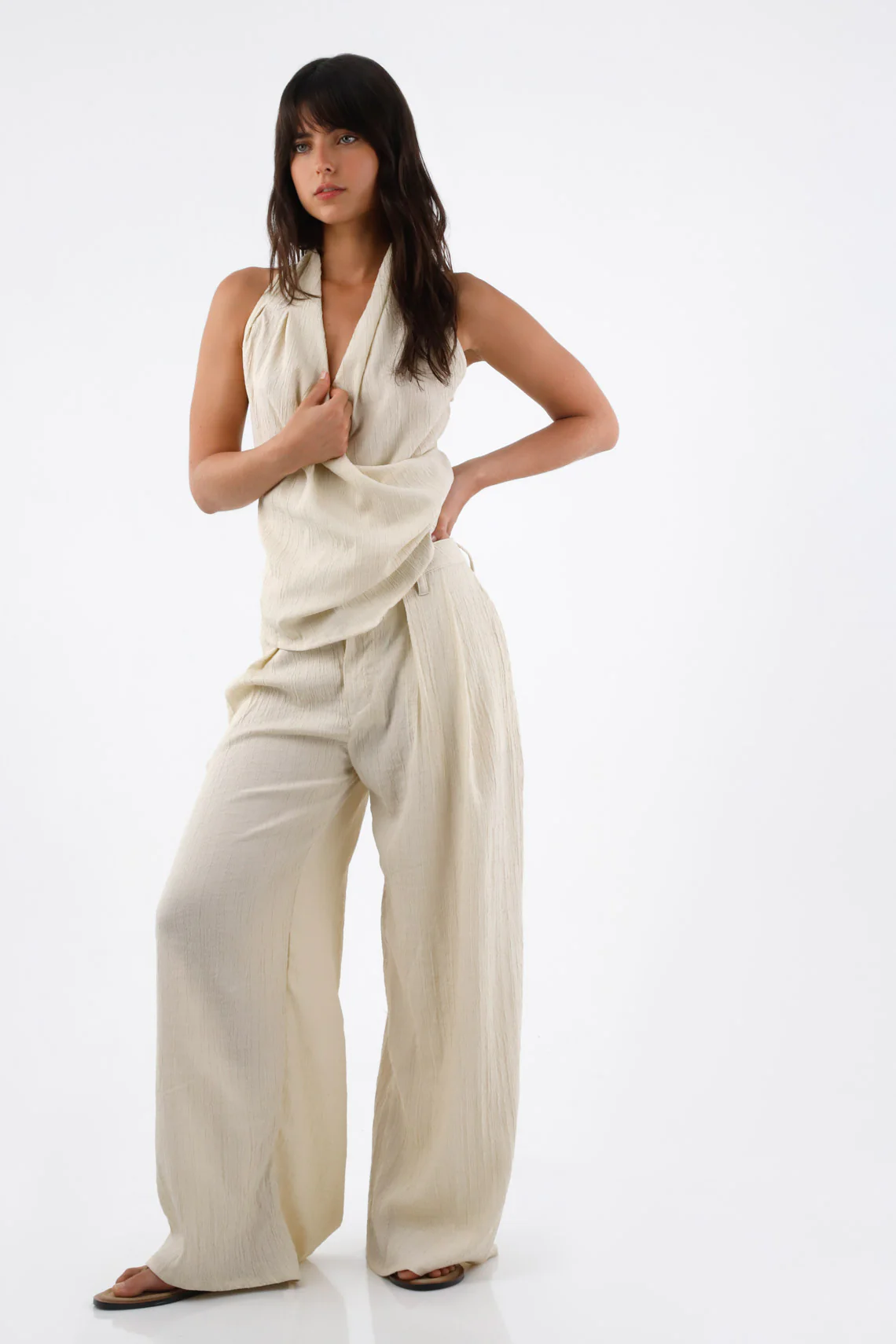Sleeveless Shirt for Women in Beige Polyester Relaxed Fit with Draped Halter Neck - Image 2