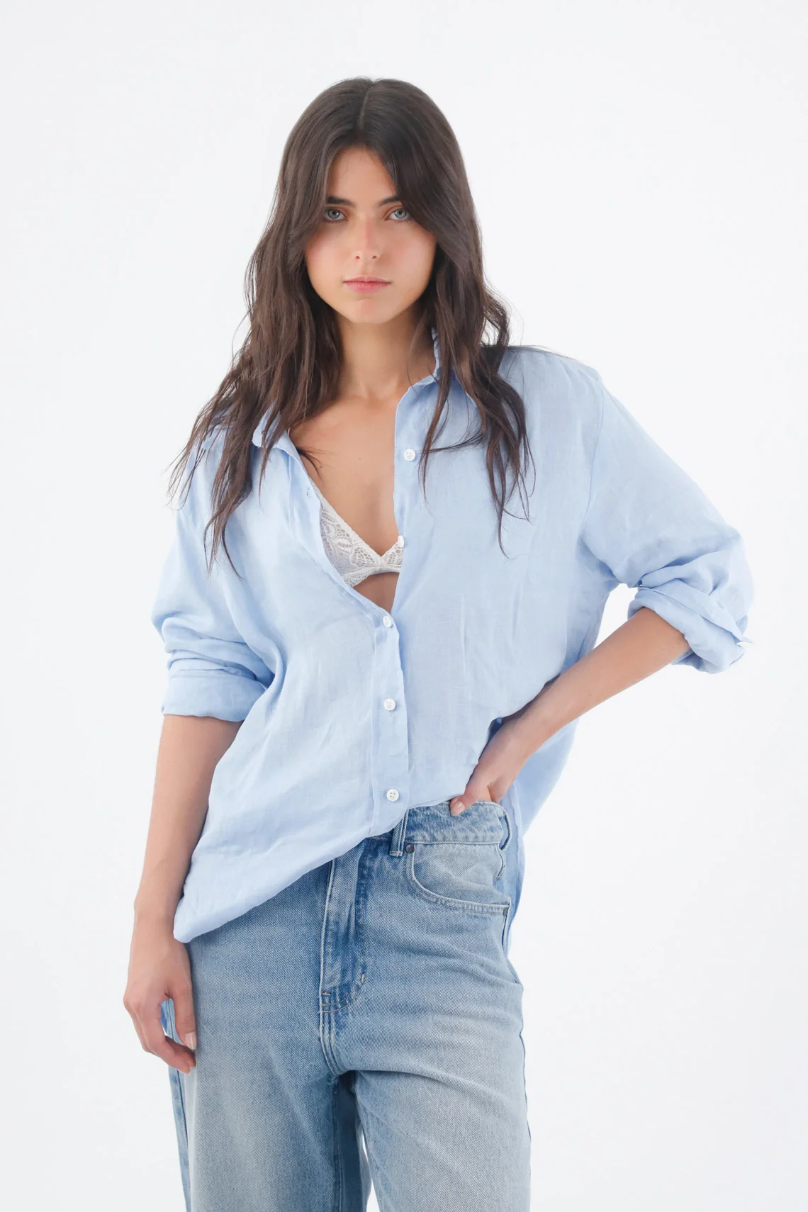 Shirt for Women Linen Blue Relaxed Fit with Buttons