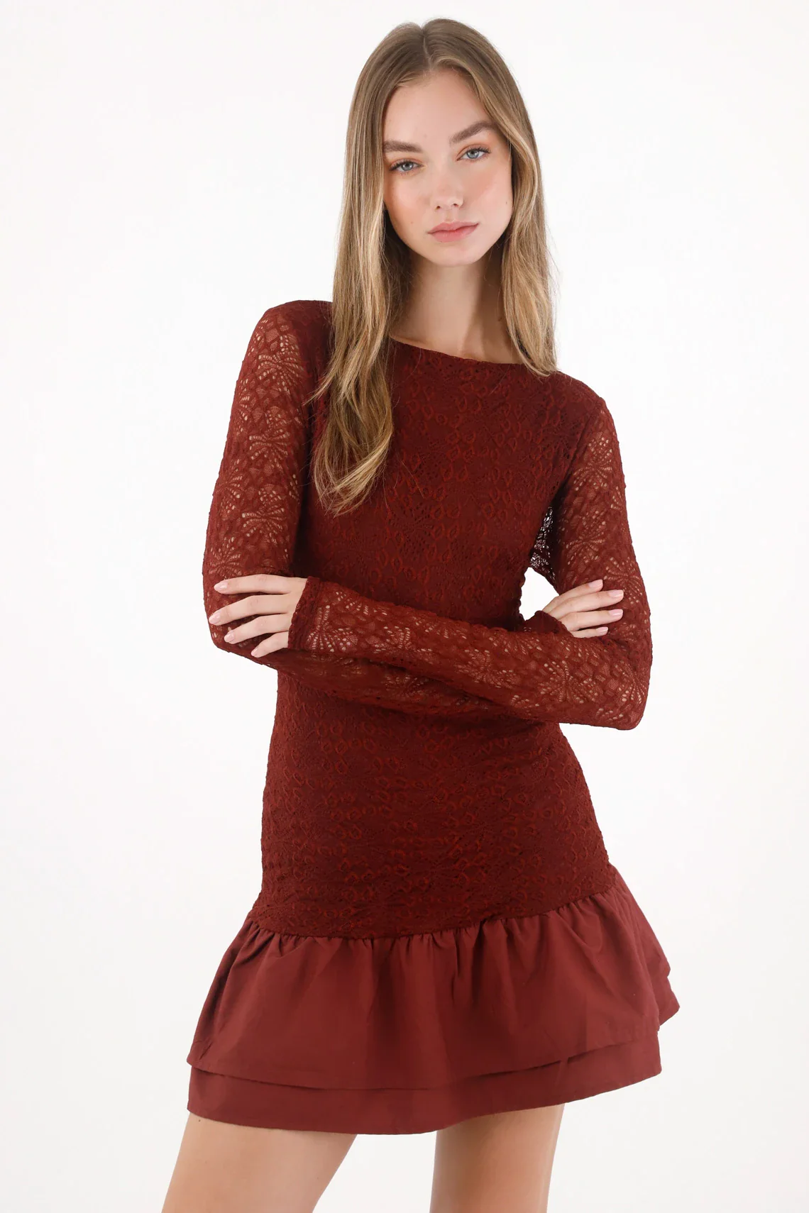 Short Dress in Burgundy Lace for Women