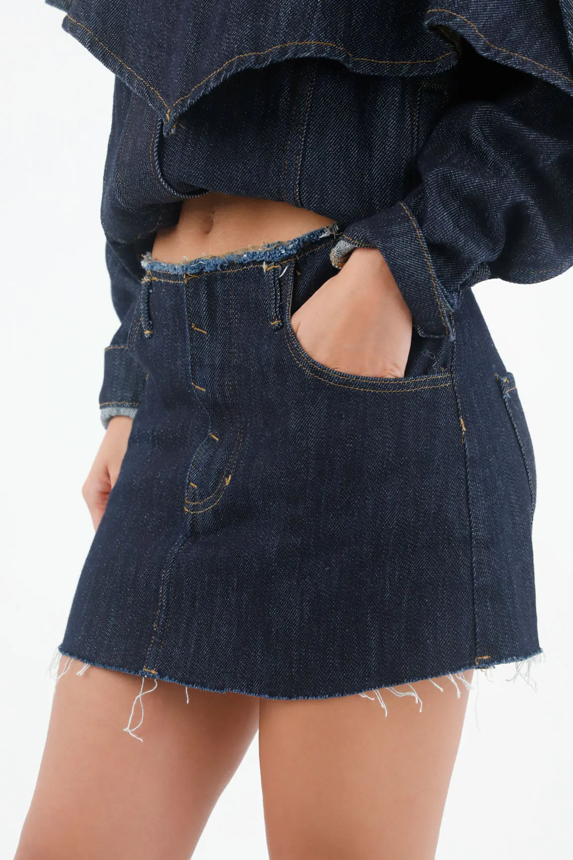 Short Skirt Women Indigo Cotton Straight Fit with Frayed Hem - Image 2