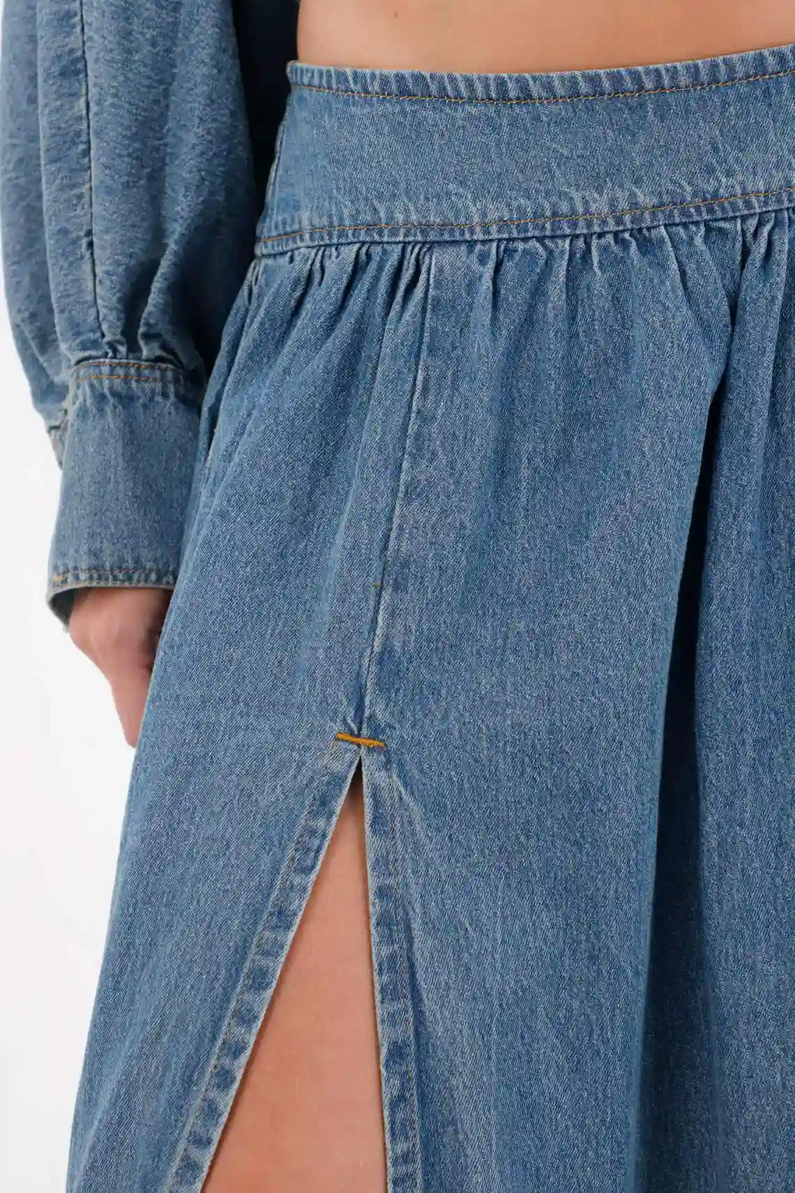 Long denim skirt with slits blue for women - Image 3