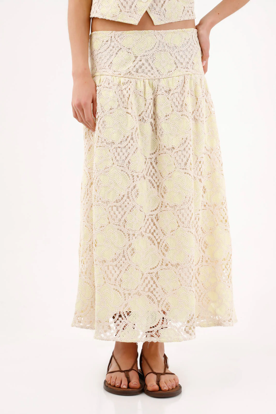 Long A-line Skirt with Floral Crochet Lace in Ivory for Women - Image 2