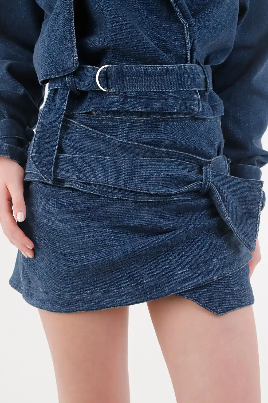 Short Skirt for Women in Indigo Cotton with Belt - Image 2