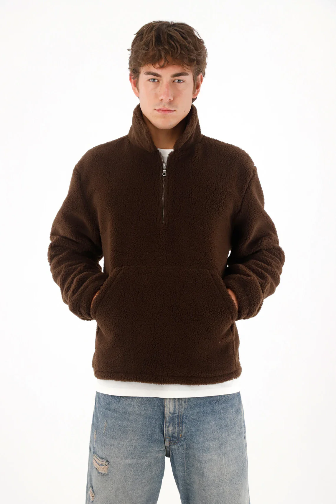 Sweatshirt in brown fleece with zipper for men