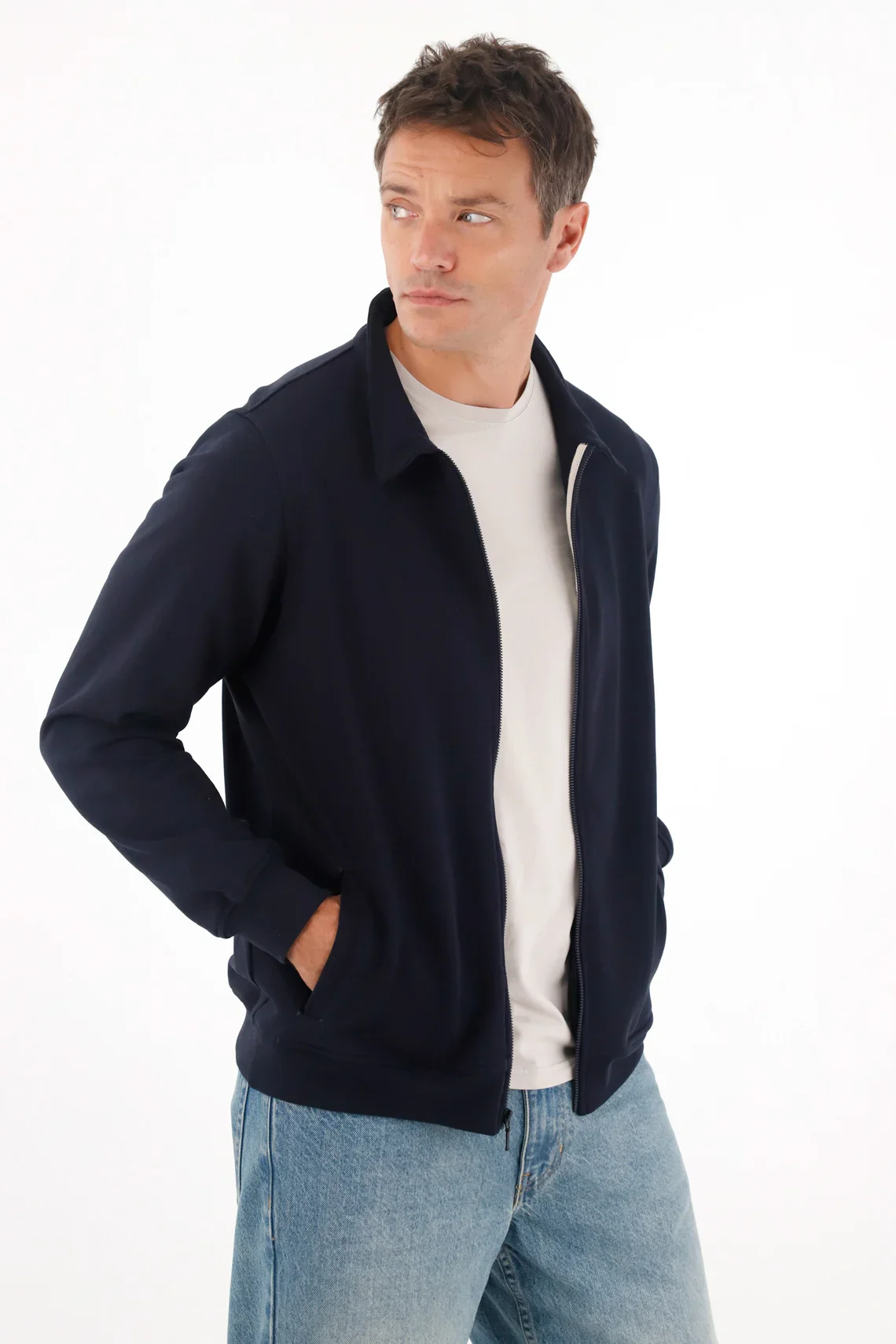 Sweatshirt for men in navy blue regular with zipper