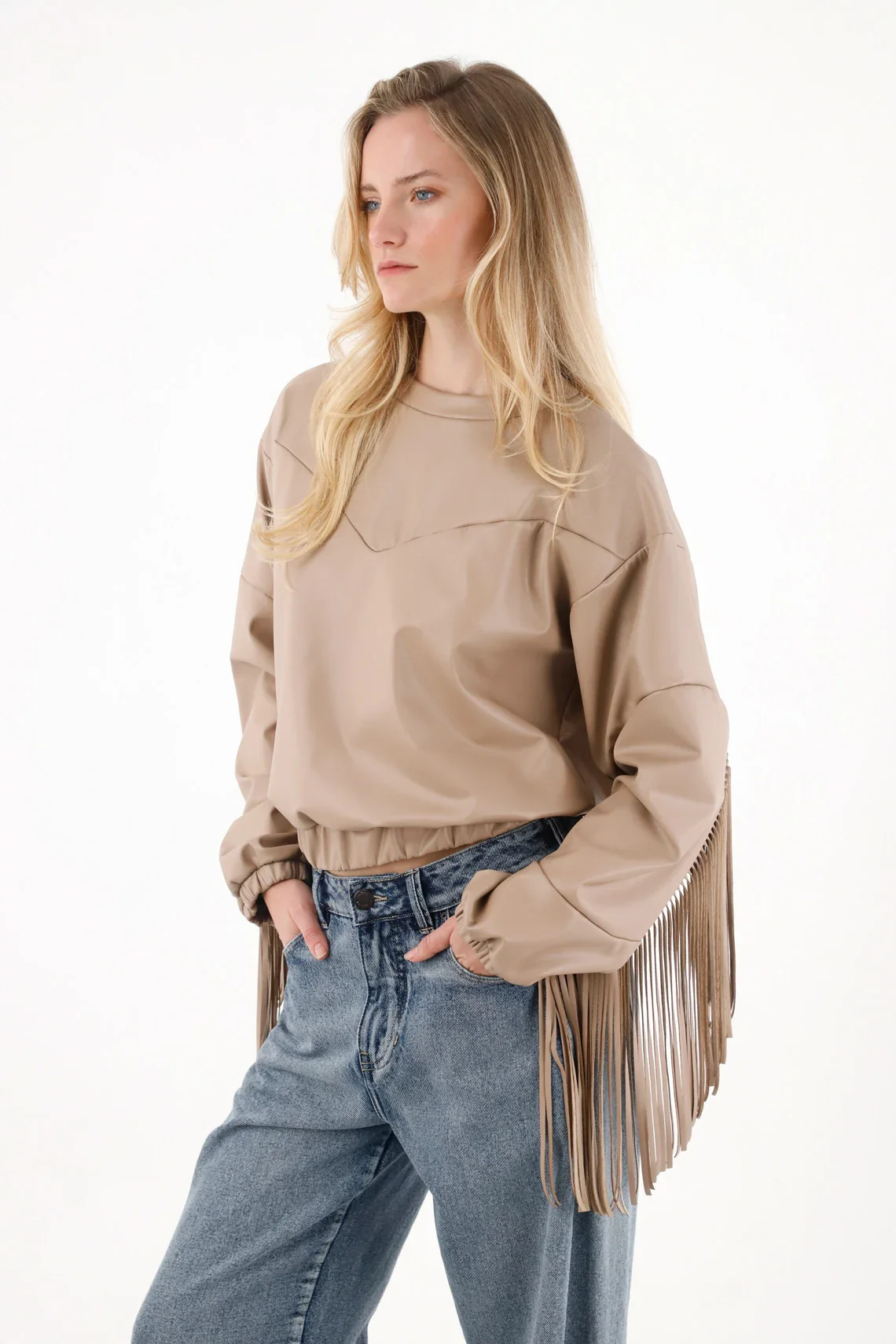Synthetic Leather Sweatshirt with Brown Fringes for Women - Image 3