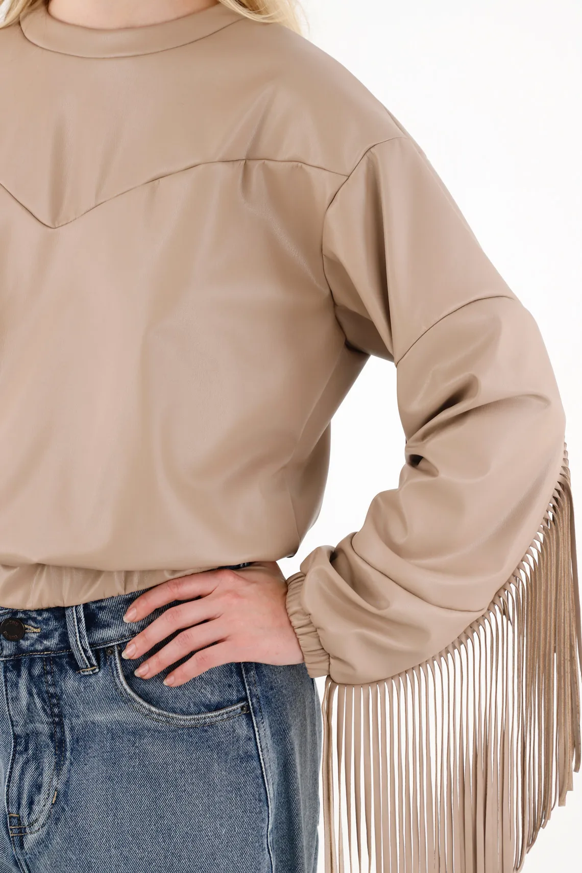 Synthetic Leather Sweatshirt with Brown Fringes for Women - Image 4