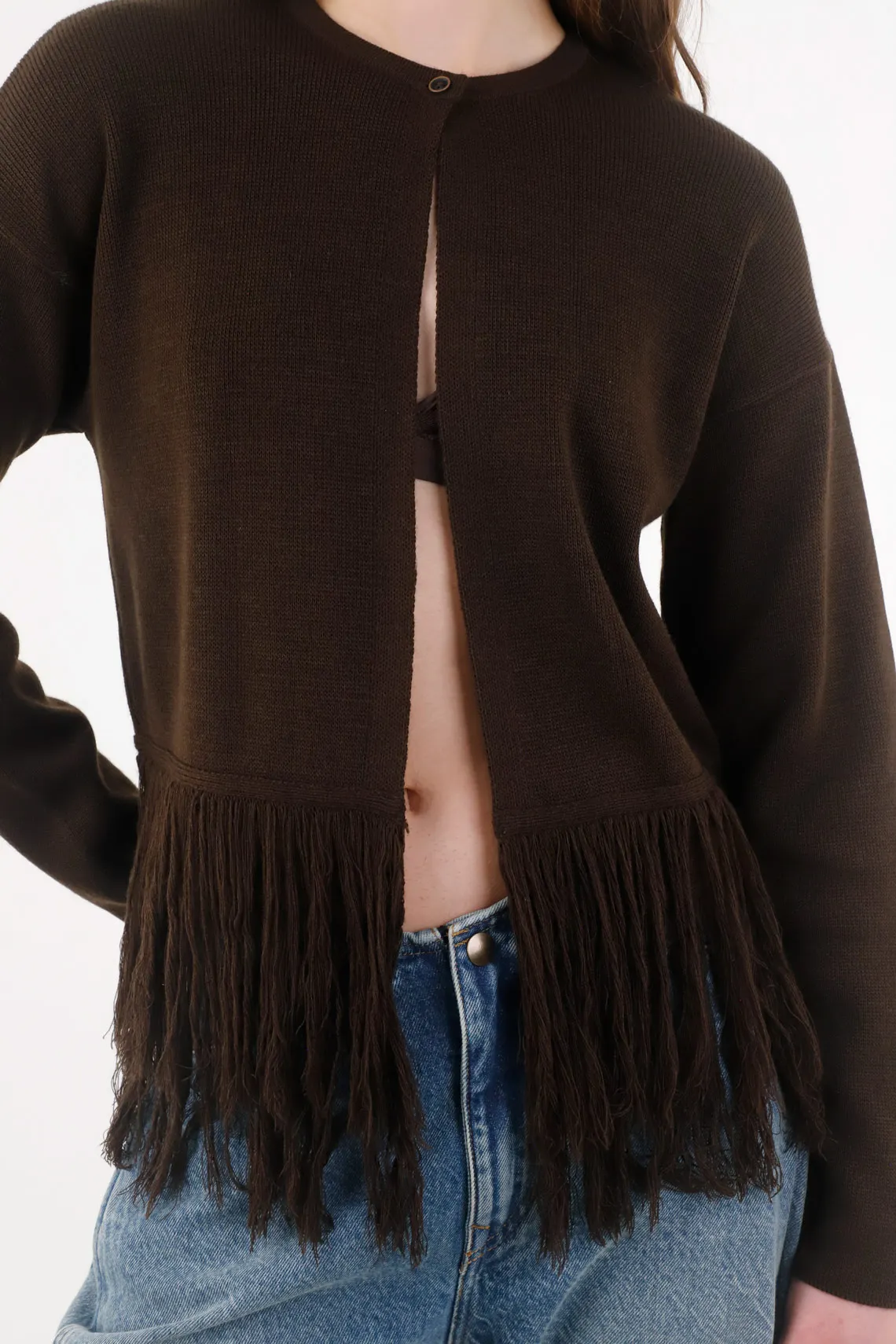 Dark Brown Knit Cardigan for Women with Fringe Hem - Image 4