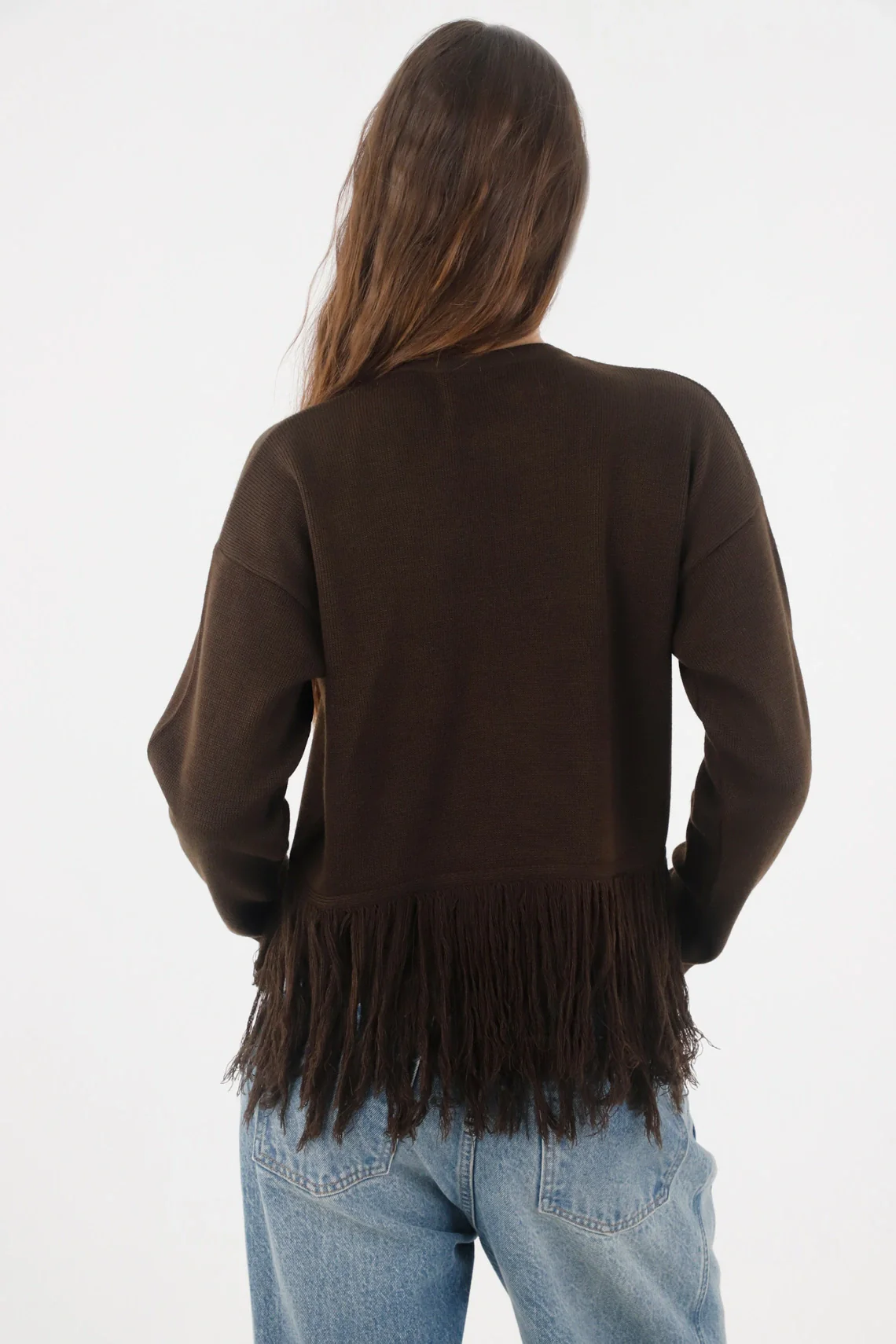Dark Brown Knit Cardigan for Women with Fringe Hem - Image 5