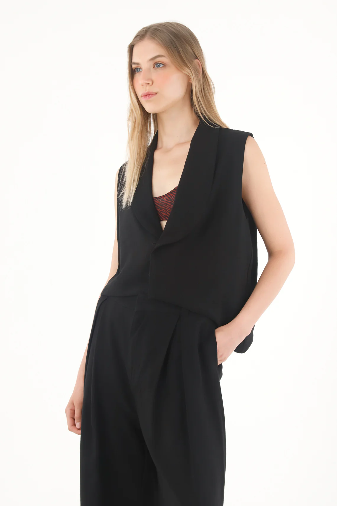 Women's Asymmetrical Black Blazer Vest - Image 2