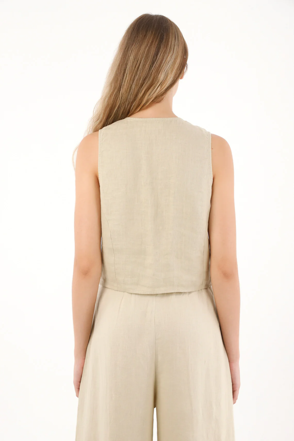 Women's 100% Linen Brown Curved Neck Vest - Image 4