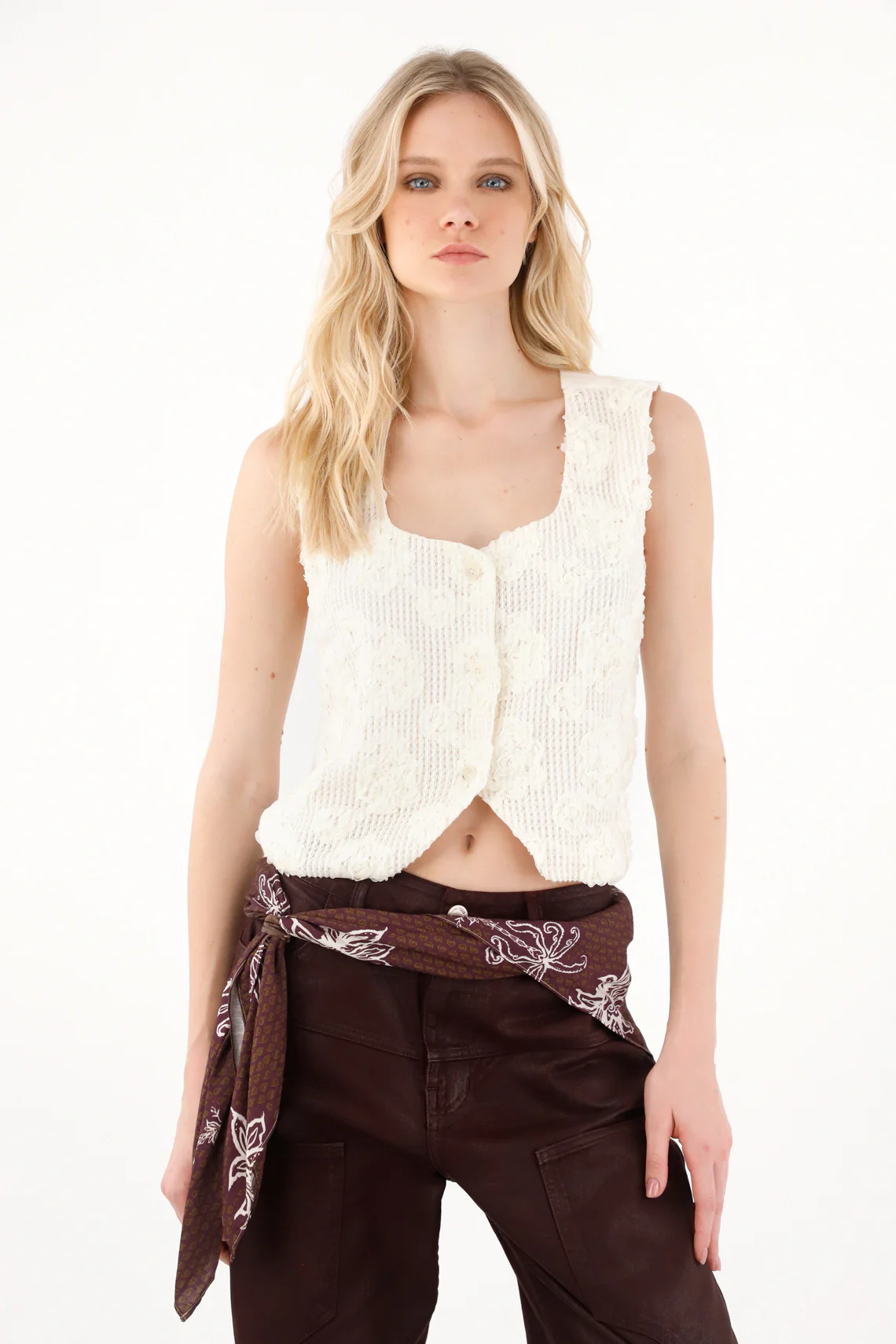 Women's Cream Embroidered Overlay Vest