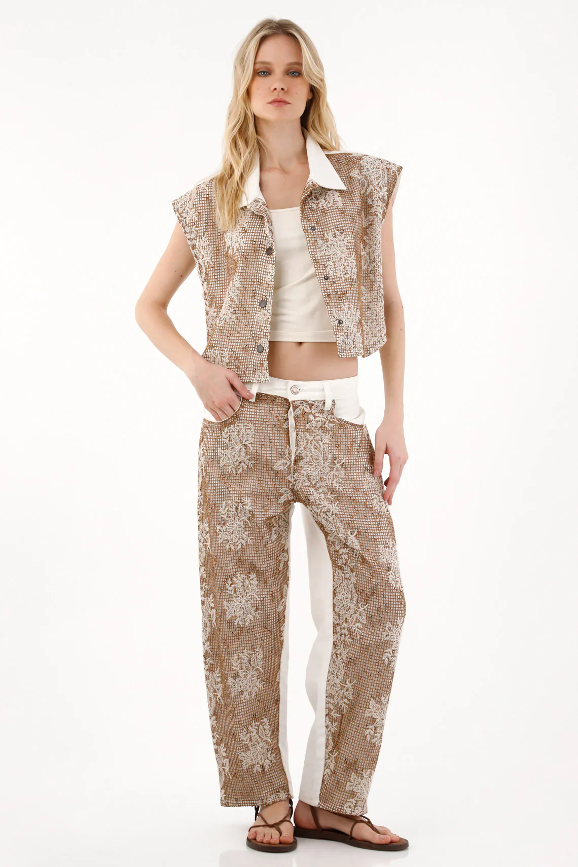 Women's Cream Embroidered Overlay Vest - Image 2