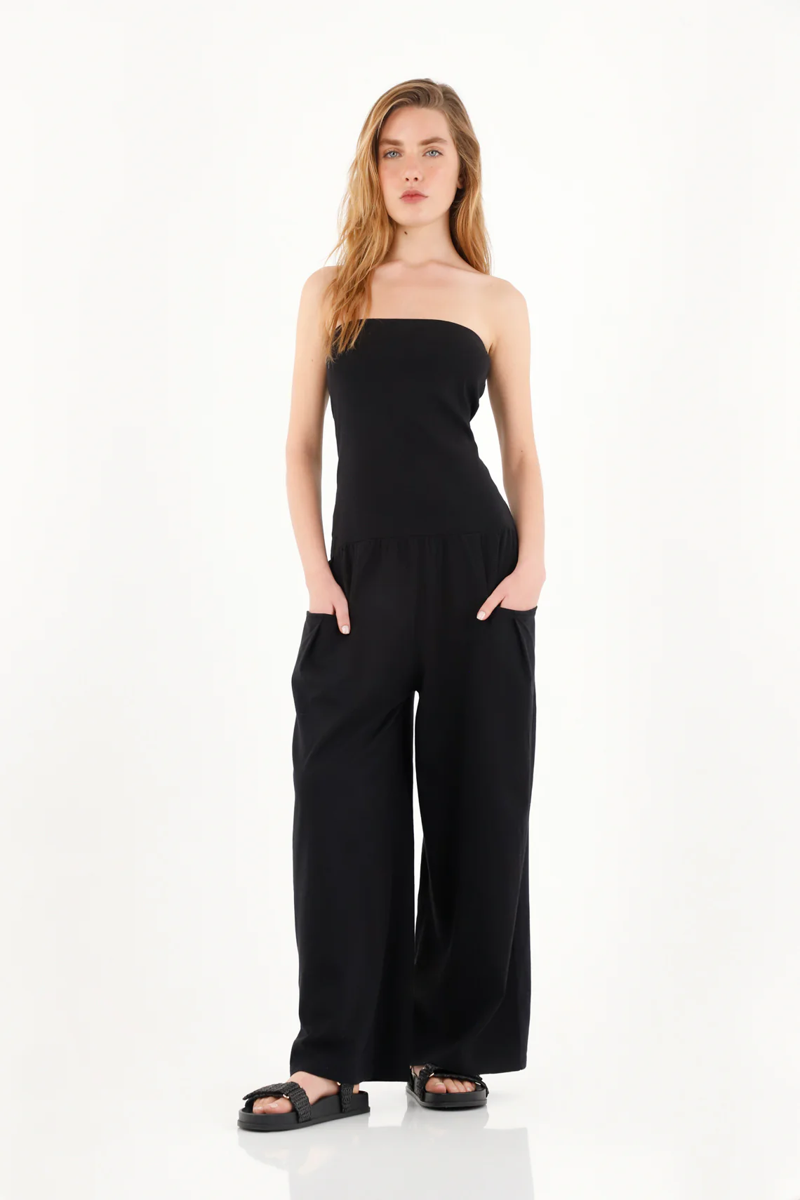 Women's Black Strapless Long Jumpsuit