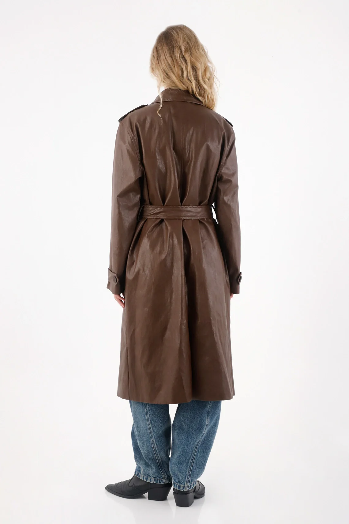 Brown Synthetic Leather Trench Coat for Women - Image 4