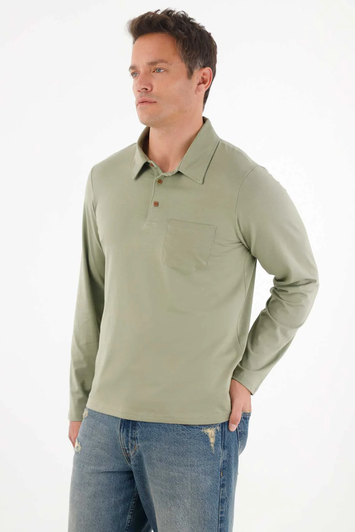 Men's Regular Fit Stretch Cotton Polo Shirt in Green with Pocket - Image 2