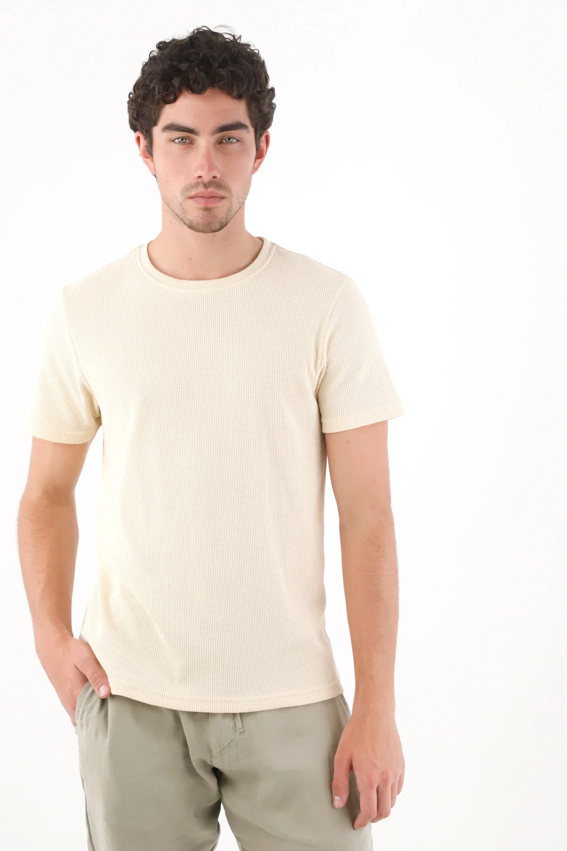 Beige Regular Fit Cotton Waffle Texture T-Shirt for Men