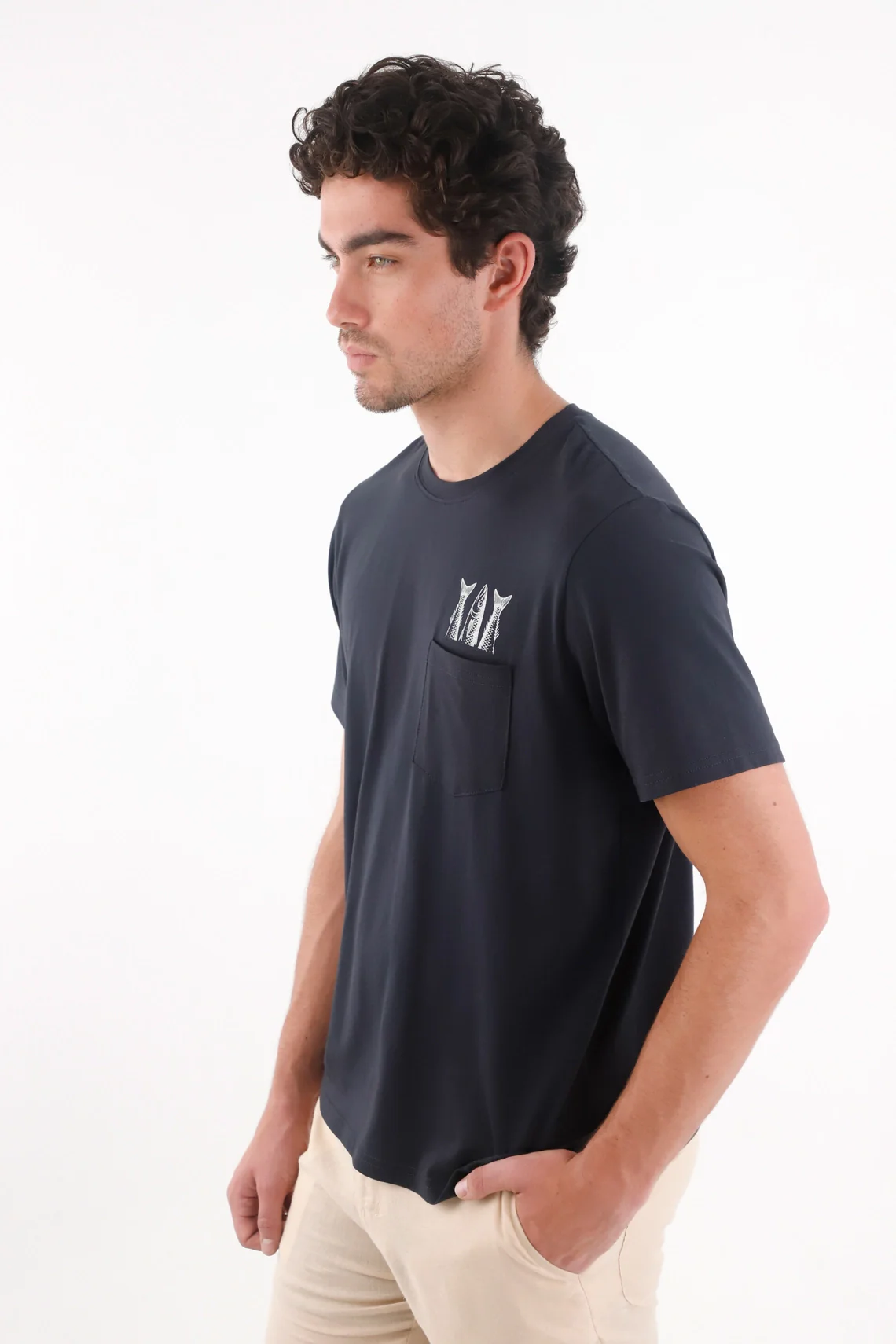 Regular Fit T-Shirt with Pocket and Fish Graphic in Navy Blue for Men - Image 2