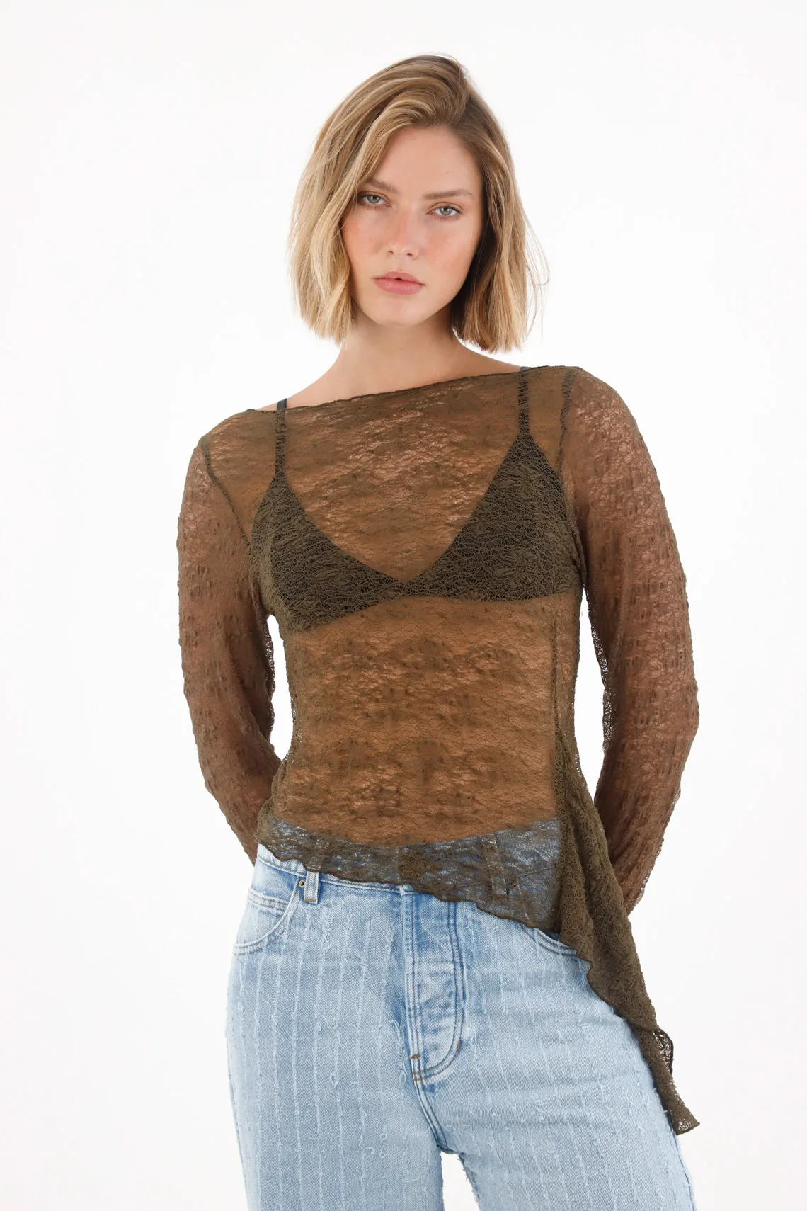 Long Sleeve T-Shirt in Green Lace Fabric for Women - Image 2