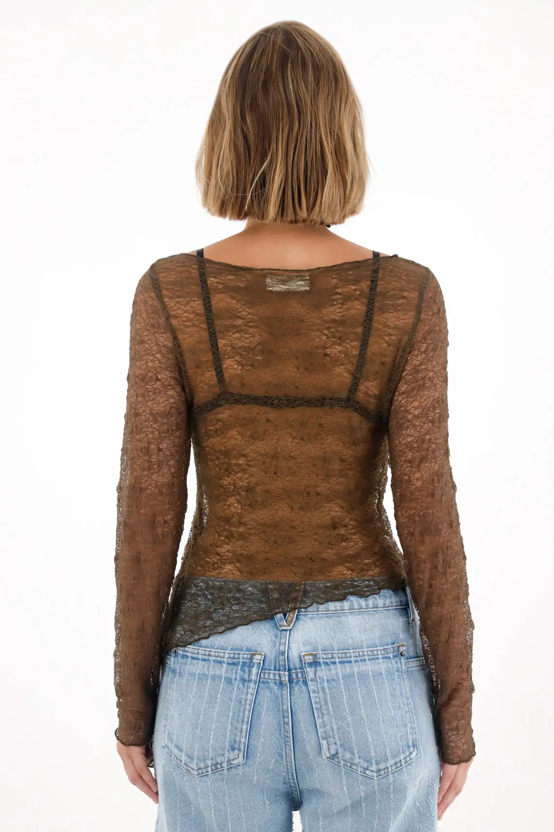 Long Sleeve T-Shirt in Green Lace Fabric for Women - Image 4