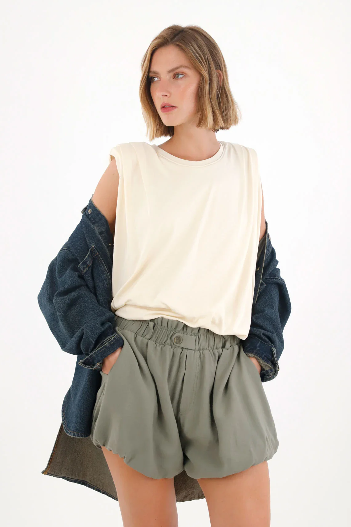 T-Shirt with Draped Shoulder Detail in Off-White for Women - Image 2