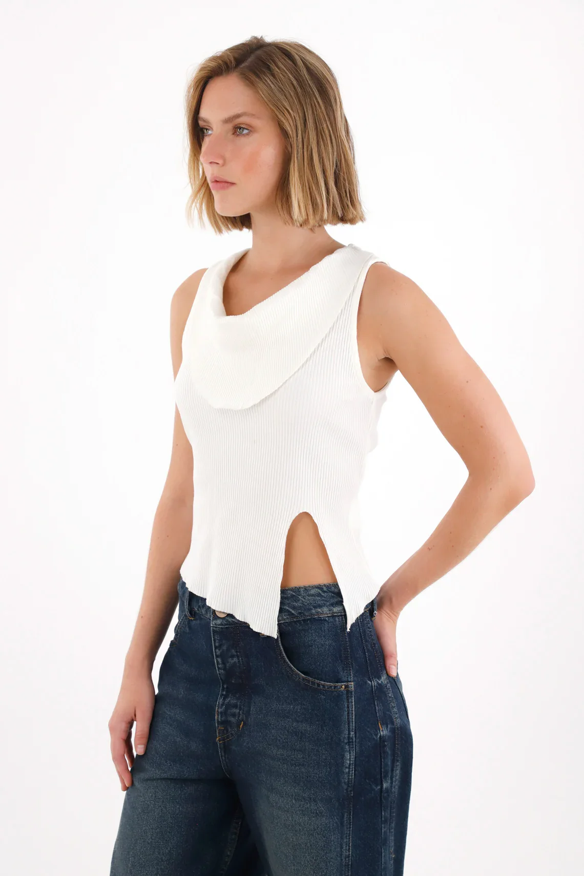 Off-White Draped Crew Neck T-Shirt for Women - Image 2