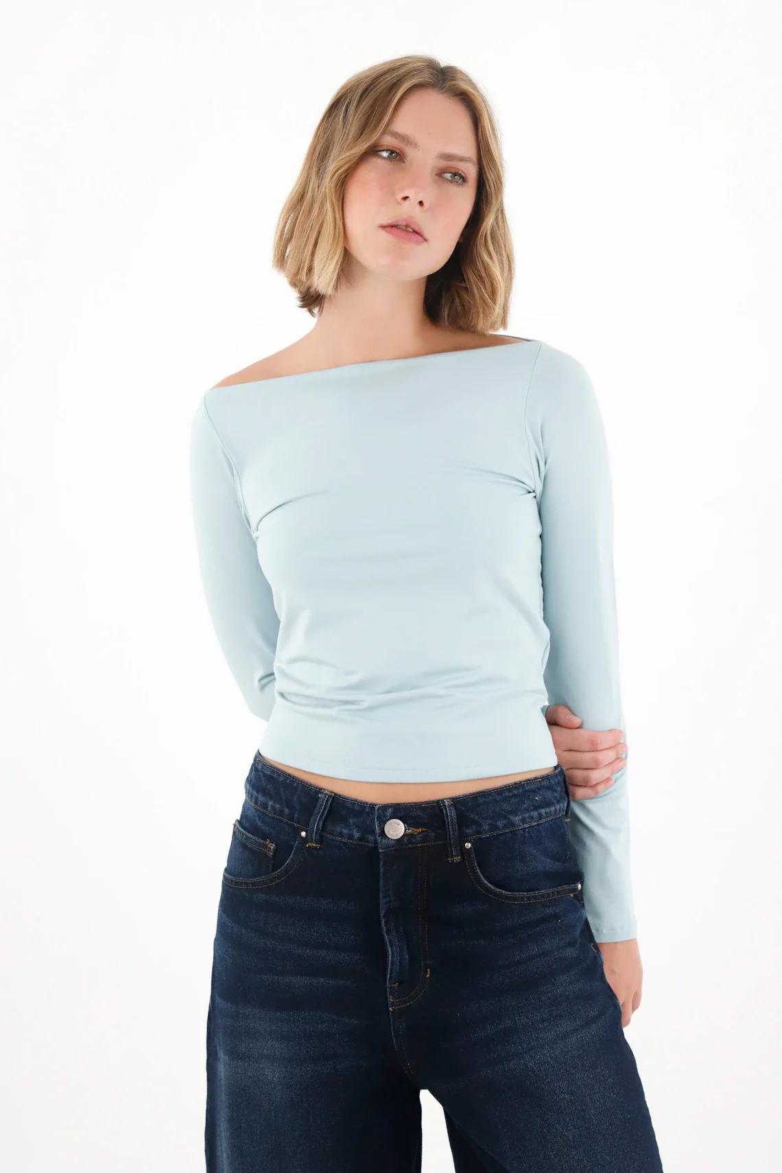 Fitted Boat Neck T-Shirt in Blue for Women