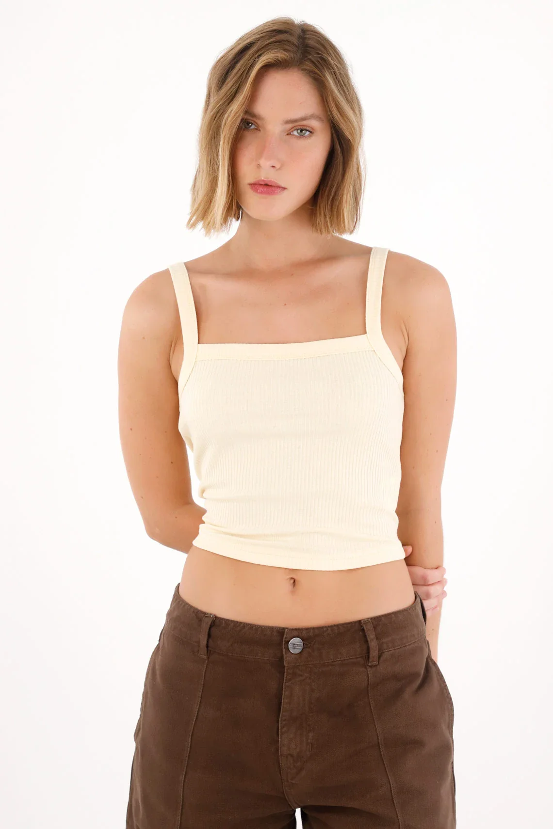 Cream Ribbed T-Shirt for Women