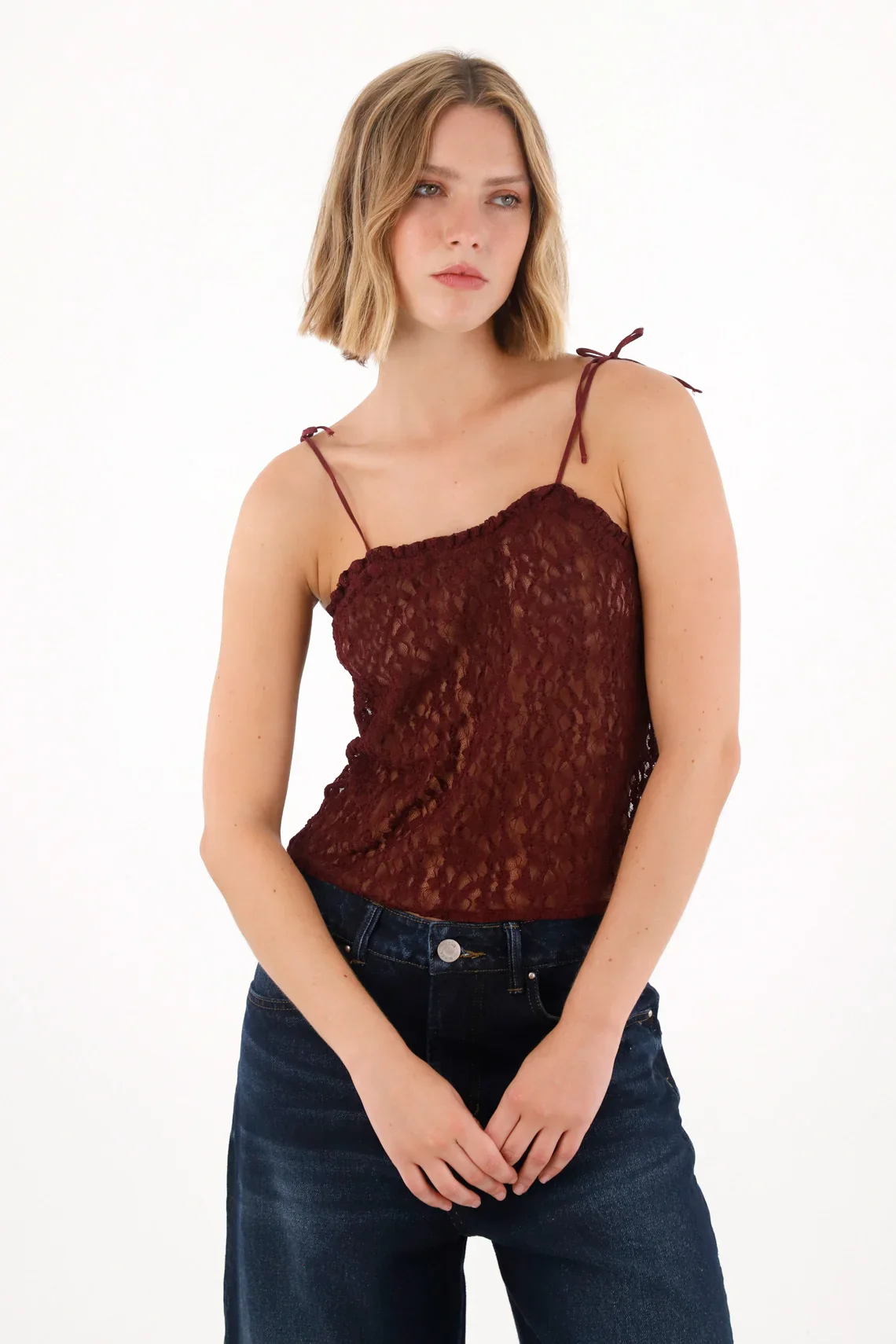 Lace Fabric T-Shirt with Red Transparency for Women