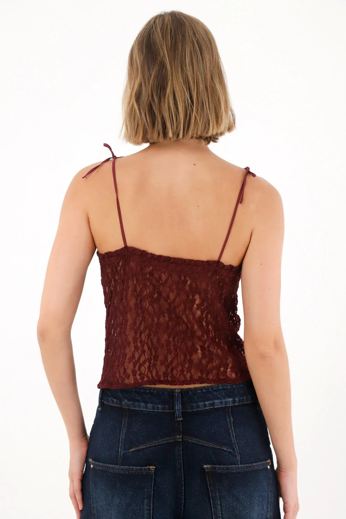 Lace Fabric T-Shirt with Red Transparency for Women - Image 4